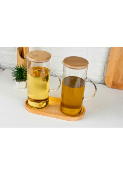 Bambu Standlı 2'li Borosilikat Cam Yağlık Seti, 1500 Ml, Büyük Boy, Şık ve Dayanıklı modelleri