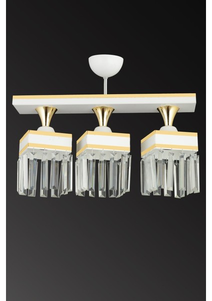 3'lü Kristal Taşlı Beyaz Kare Avize, Sarı Şeritli, Şık ve Şık Tasarım