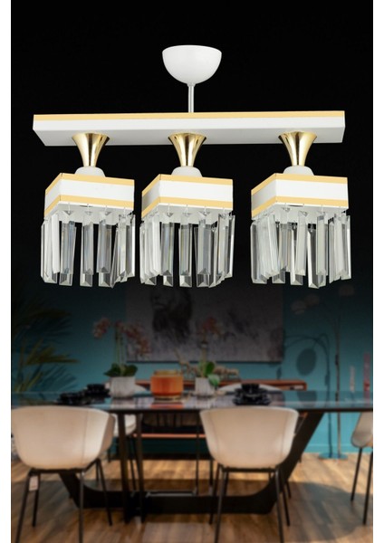 3'lü Kristal Taşlı Beyaz Kare Avize, Sarı Şeritli, Şık ve Şık Tasarım fiyatları