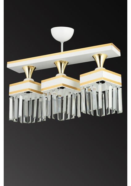 3'lü Kristal Taşlı Beyaz Kare Avize, Sarı Şeritli, Şık ve Şık Tasarım modelleri