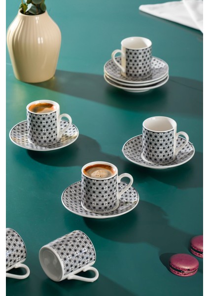 Şık 6 Kişilik Desenli Porselen Kahve Fincan Takımı, 90 Cc, Siyah Renkli