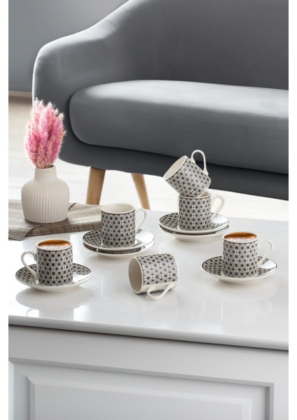 Şık 6 Kişilik Desenli Porselen Kahve Fincan Takımı, 90 Cc, Siyah Renkli fiyatları