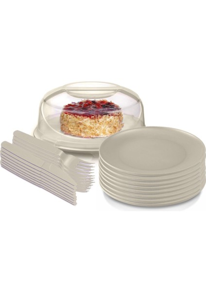 Kilitli Kapaklı Pasta Fanusu 7l, Çatal Bıçaklı 8'li Set, Krem Bej Renk