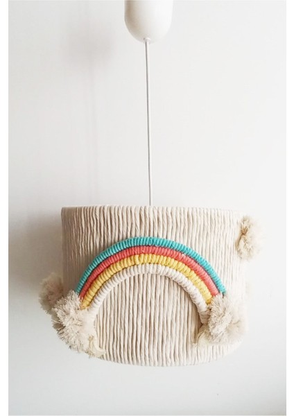 El Yapımı Ponponlu Gökkuşağı Detaylı Sarkıt Avize, Çocuk Odası Için Şık ve Renkli Aydınlatma
