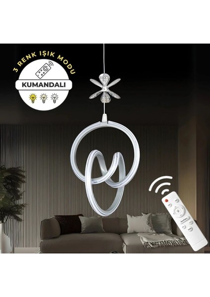 Gri 3 Renk Ledli Özel Tasarım Krom Çizgili Kelebek Dekor Avize
