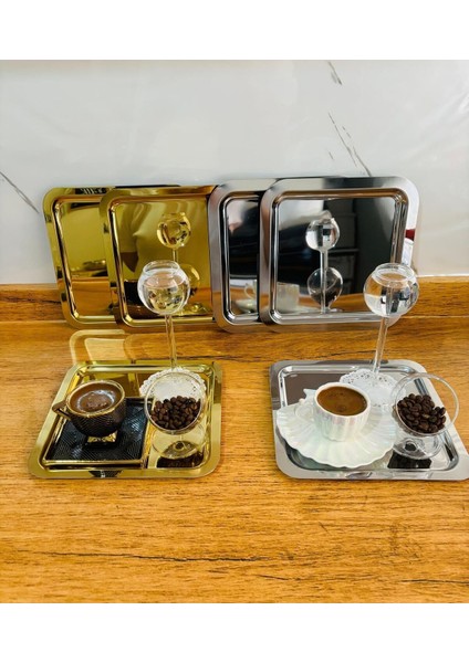 Paslanmaz Çelik Kare Servis Tepsisi, 21X21CM, Çay, Kahve ve Pasta Sunum Için Ideal