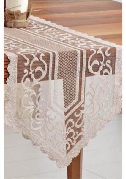 Kahverengi Osmanlı Desenli Örme Tül Runner 40X140, Şık ve Zarif Dekorasyon Parçası fiyatları