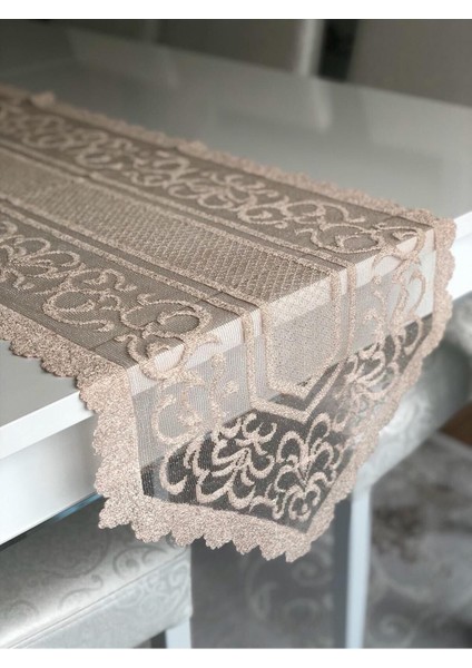 Kahverengi Osmanlı Desenli Örme Tül Runner 40X140, Şık ve Zarif Dekorasyon Parçası modelleri