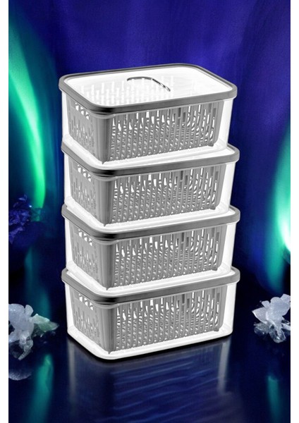 4'lü Antrasit Saklama Kabı Seti, Süzgeçli, 3,5 Lt, 23X17X11 cm