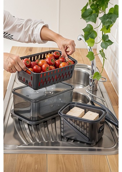 4'lü Antrasit Saklama Kabı Seti, Süzgeçli, 3,5 Lt, 23X17X11 cm modelleri