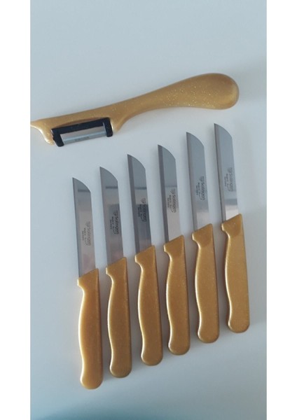 Altın Renkli 6'lı Meyve Bıçak ve Topuz Saplı Yan Soyacak Seti