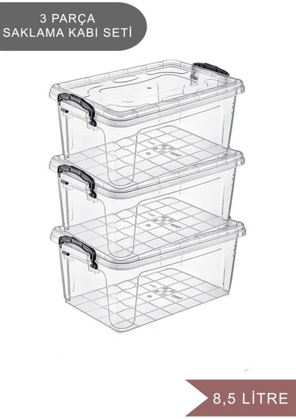 3 Parça 8,5 Lt Şeffaf Kilitli Saklama Kutusu Seti, Beyaz