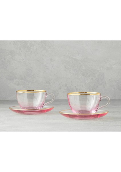 Pembe 4 Parça Çay Fincanı Takımı, Şık ve Zarif Tasarım, Iki Kişilik Set