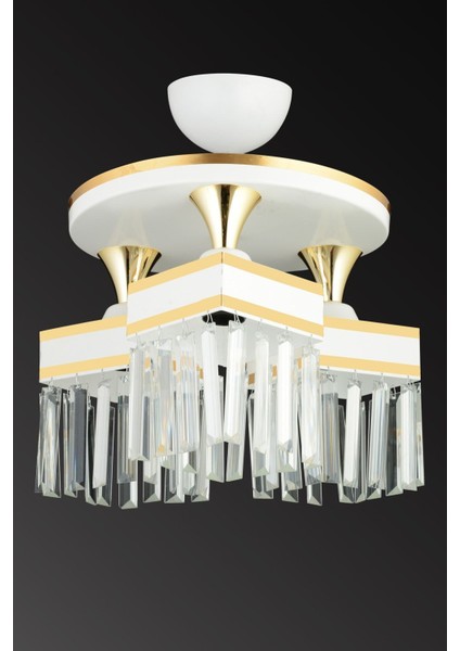 3'lü Beyaz Kristal Taşlı Sarı Şeritli Kare Avize, Şık ve Lüks Tasarım