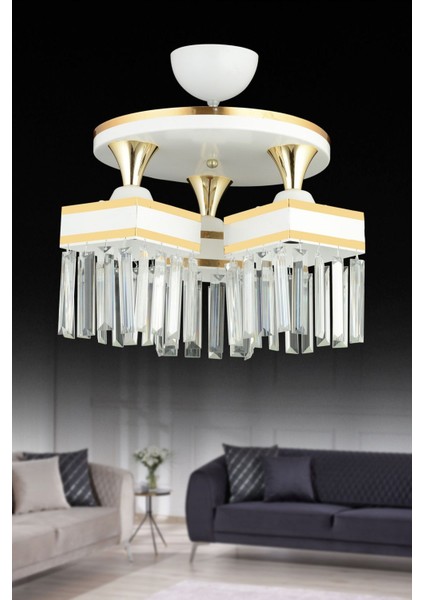 3'lü Beyaz Kristal Taşlı Sarı Şeritli Kare Avize, Şık ve Lüks Tasarım fiyatları