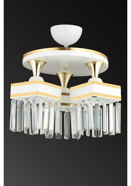 3'lü Beyaz Kristal Taşlı Sarı Şeritli Kare Avize, Şık ve Lüks Tasarım modelleri