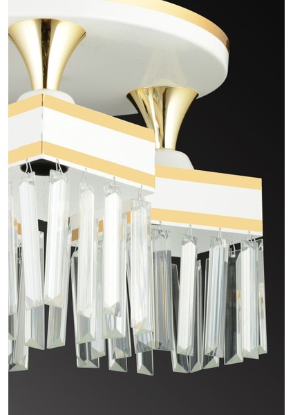 3'lü Beyaz Kristal Taşlı Sarı Şeritli Kare Avize, Şık ve Lüks Tasarım fırsatları