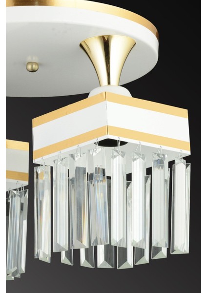 3'lü Beyaz Kristal Taşlı Sarı Şeritli Kare Avize, Şık ve Lüks Tasarım indirimleri