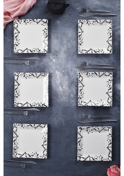 6'lı Mermer Tasarım Pasta ve Servis Tabakları, 20CM, Siyah, Şık ve El Yapımı