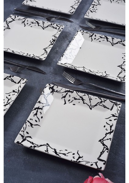 6'lı Mermer Tasarım Pasta ve Servis Tabakları, 20CM, Siyah, Şık ve El Yapımı fiyatları