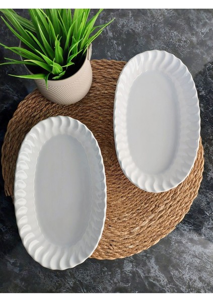 Iki Parçalı Seramik Kayık Tabak Seti, Sunum ve Salata Için, 25X15X4CM, Beyaz fiyatları