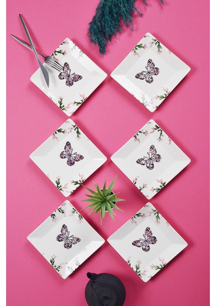 6'lı Handmade Kelebek Desenli Tatlı Tabak Seti, Sunum ve Servis Için 15 cm