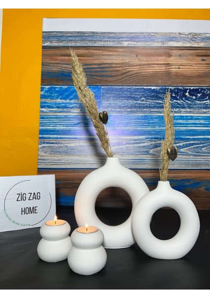 Beyaz 2'li Halka Vazo ve Yuvarlak Mumluk Seti, Bohem Tarz Dekoratif Ürünler