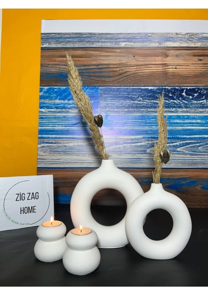 Beyaz 2'li Halka Vazo ve Yuvarlak Mumluk Seti, Bohem Tarz Dekoratif Ürünler fiyatları