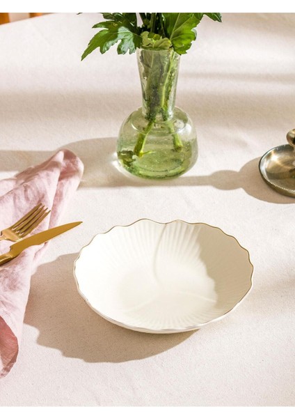 Desenli Porselen Pasta Tabağı 21 cm Ekru, Şık ve Zarif Yemek Sunumu Için Ideal