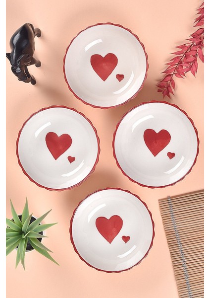 4'lü Kalp Desenli Çerezlik ve Kahvaltılık Kase Seti, 13,5cm, Kırmızı fiyatları