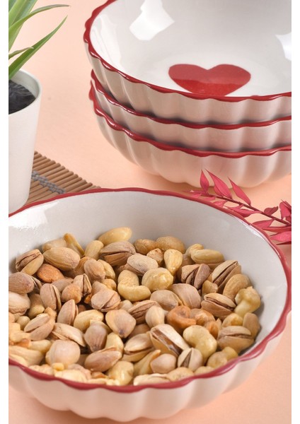 4'lü Kalp Desenli Çerezlik ve Kahvaltılık Kase Seti, 13,5cm, Kırmızı modelleri