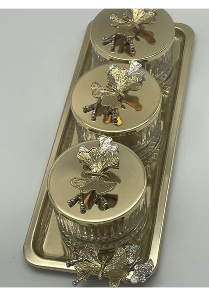 3'lü Cam Kase Seti, Sunum ve Baharatlık Için Şık Dikdörtgen Tepsili