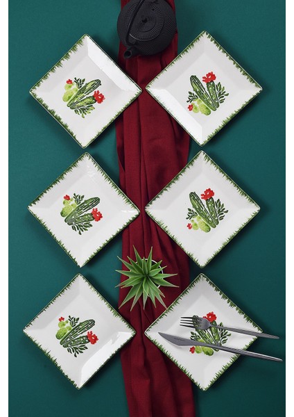 6'lı Renkli El Yapımı Kaktüs Desenli Tatlı ve Servis Tabakları 15 cm