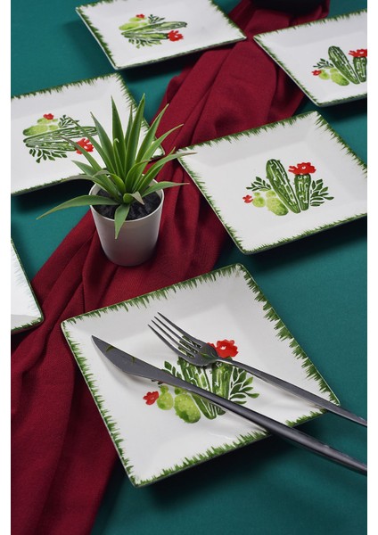 6'lı Renkli El Yapımı Kaktüs Desenli Tatlı ve Servis Tabakları 15 cm fiyatları