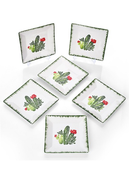 6'lı Renkli El Yapımı Kaktüs Desenli Tatlı ve Servis Tabakları 15 cm modelleri