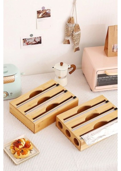 Kahverengi Bambu 3'lü Streç ve Folyo Kesme Kutusu Seti