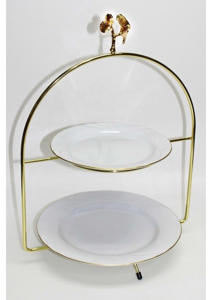 2 Katlı Gold Etajer Yaprak Süslemeli Sunum ve Ikramlık Standı