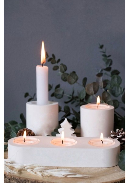 Beyaz 3'lü Mumluk ve 2 Adet Tealight Mumluk Seti, Şık ve Zarif Aydınlatma Seçeneği