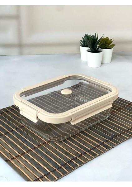 1520 ml Kilitli Cam Saklama Kabı, Bej Renkli ve Şık Tasarım