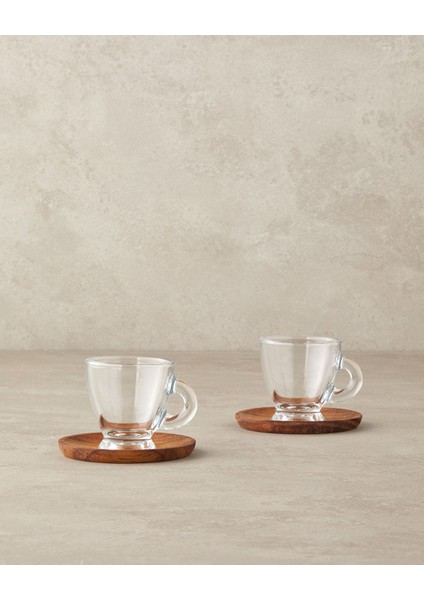 Şık 4'lü Ahşap Detaylı Kahve Fincan Takımı, 2 Kişilik, Modern Tasarım