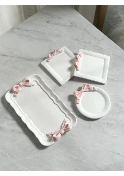 Pembe Kurdeleli Dekoratif Tepsi ve Tabak Seti, Takı Organizatörü 4'lü fiyatları