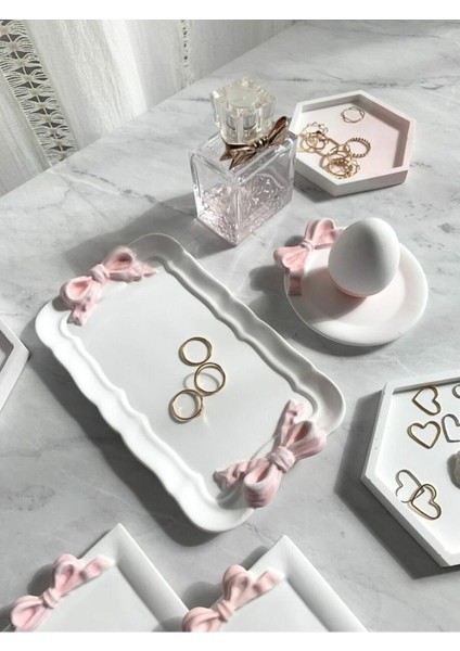 Pembe Kurdeleli Dekoratif Tepsi ve Tabak Seti, Takı Organizatörü 4'lü fırsatları