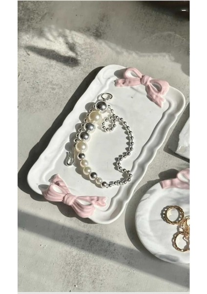 Pembe Kurdeleli Dekoratif Tepsi ve Tabak Seti, Takı Organizatörü 4'lü indirimleri