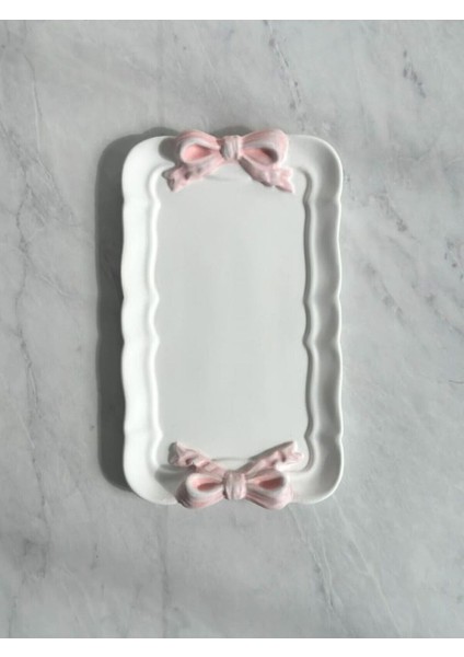 Pembe Kurdeleli Dekoratif Tepsi ve Tabak Seti, Takı Organizatörü 4'lü