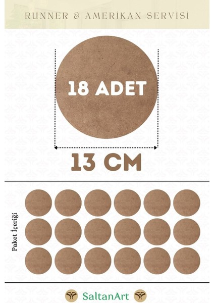13 cm Çap 18 Adet Supla Amerikan Servis Runner Mdf Magnet Ahşap Kalınlık