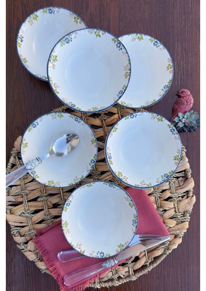 6 Kişilik 14 cm Pembe Çiçek Desenli Özel Tasarım Porselen Çorba Kasesi Seti