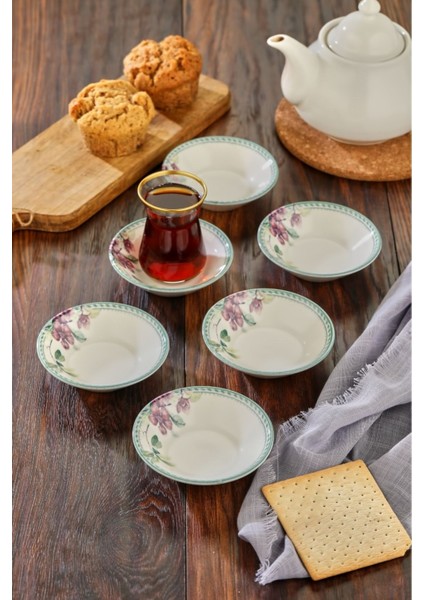6 Adet Desenli Porselen Çay Tabağı - Mor, Şık ve Zarif Tasarım