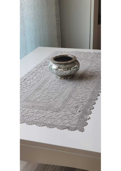 Gri Osmanlı Desenli Örme Tül Kumaş Kısa Runner 40X90