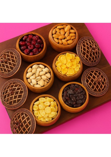 Renkli Ahşap ve Bakır Kapaklı Yuvarlak Sunumluk, 6'lı Set, 9,5cm Çap