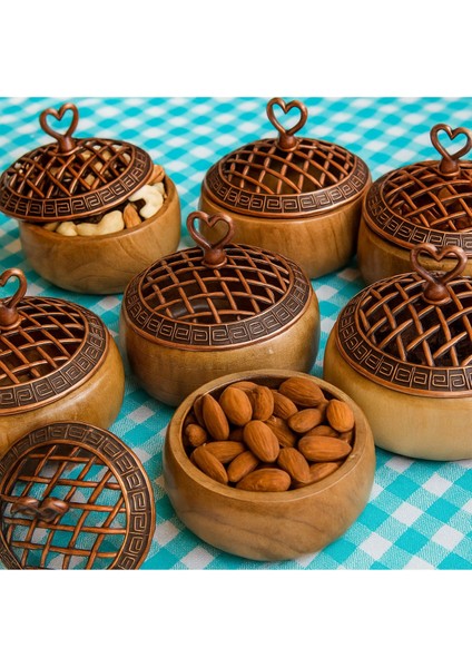 Renkli Ahşap ve Bakır Kapaklı Yuvarlak Sunumluk, 6'lı Set, 9,5cm Çap modelleri